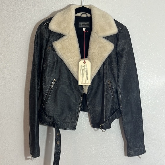 NWT Current/Elliott The Shearling Leather Biker Black Jacket Sz 1 - Picture 9 of 11